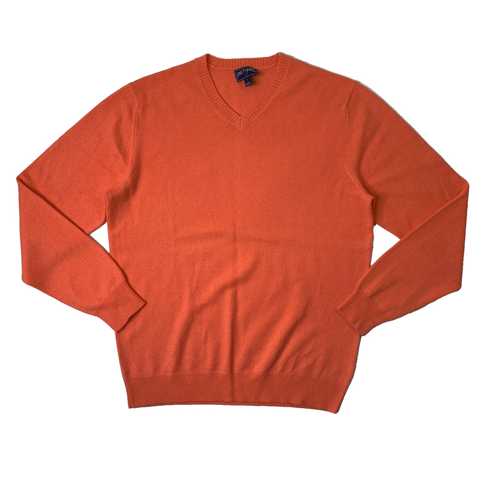 Michaels Sweater Mens‎ L Large Orange Cashmere Ribbed Fine Knit V Neck Pullover
